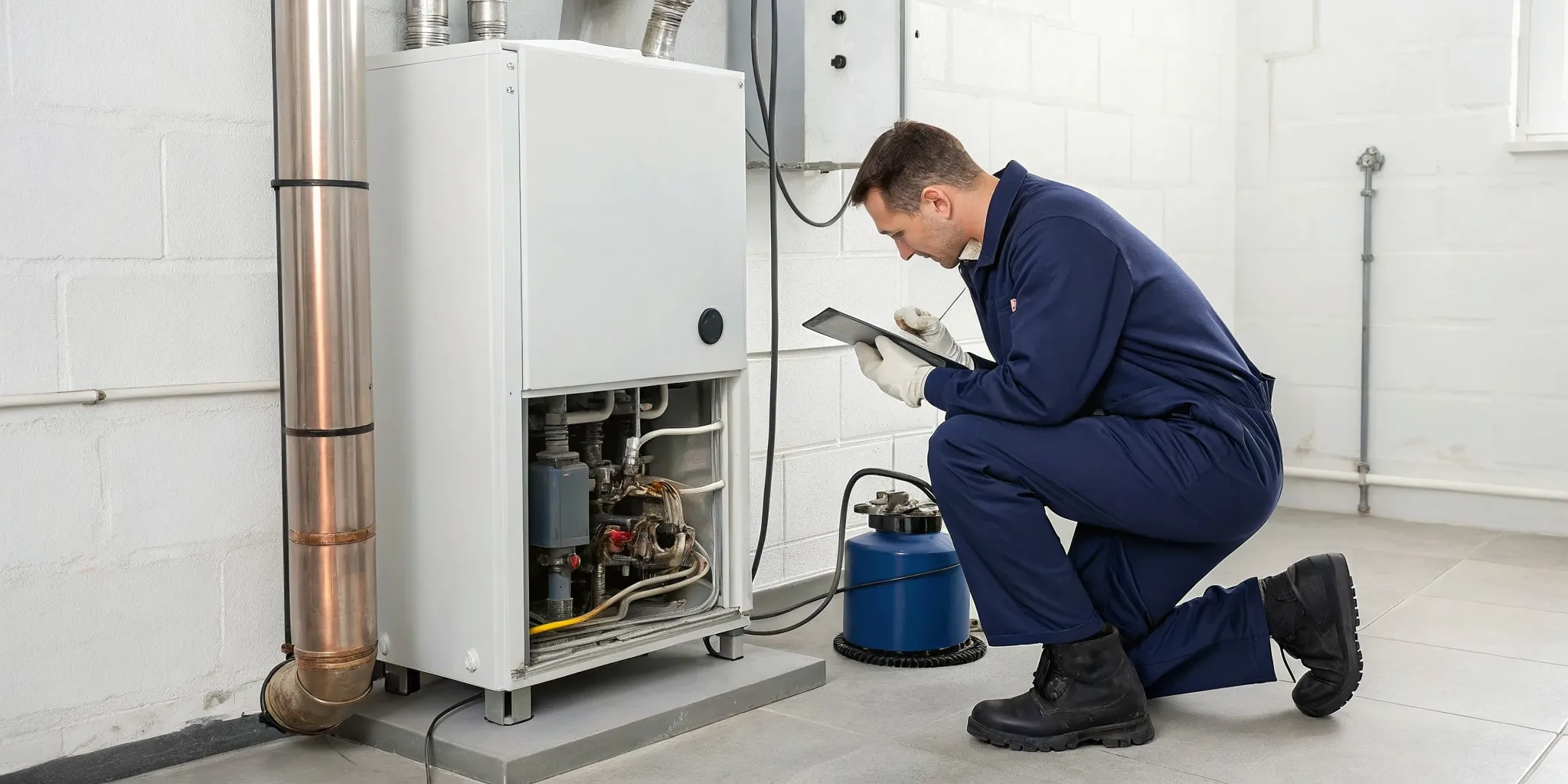 Technician inspects a furnace to determine the tune up cost.