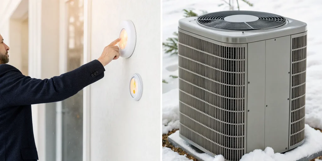 A person checking a thermostat for a heat pump not blowing hot air.