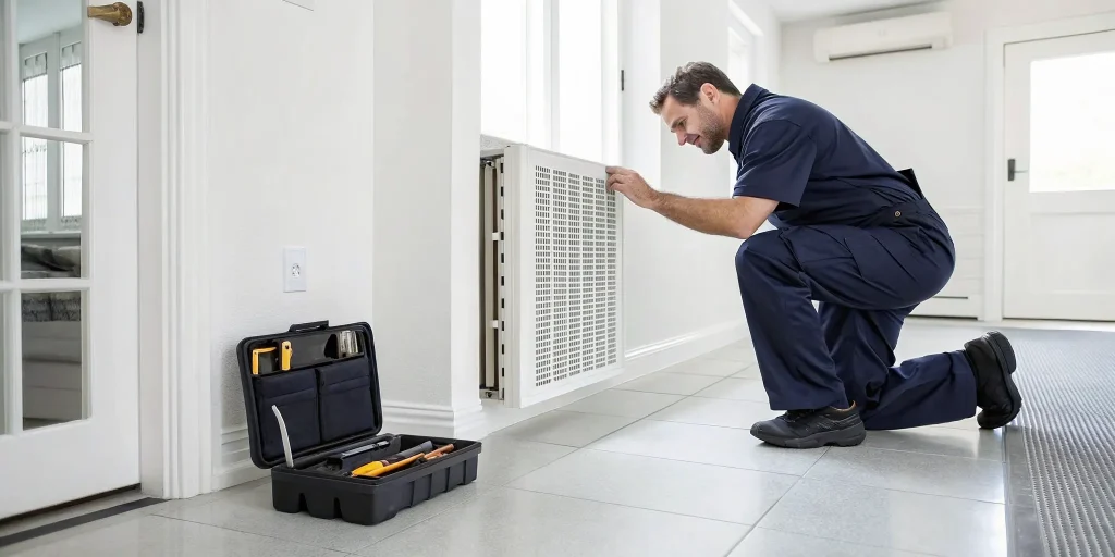 Technician services an HVAC unit, a reminder of how often to schedule maintenance to prevent costly repairs.