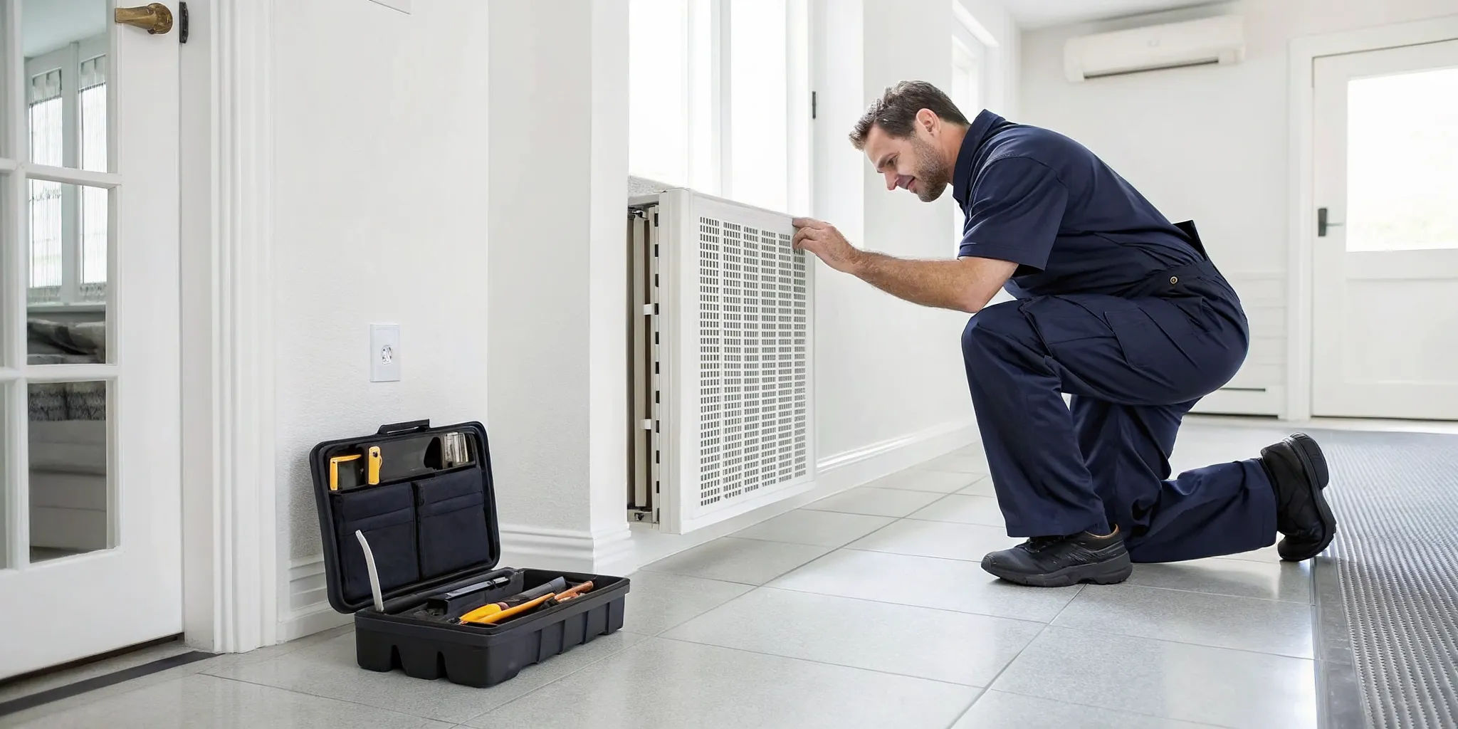 Technician services an HVAC unit, a reminder of how often to schedule maintenance to prevent costly repairs.