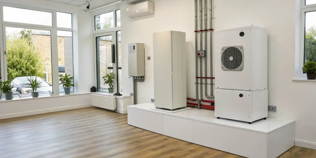 An energy-efficient heating system with modern indoor units and piping.