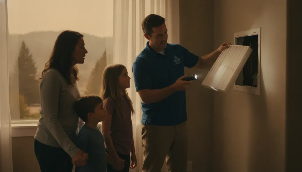Homeowner checking a residential HVAC filter before wildfire smoke season
