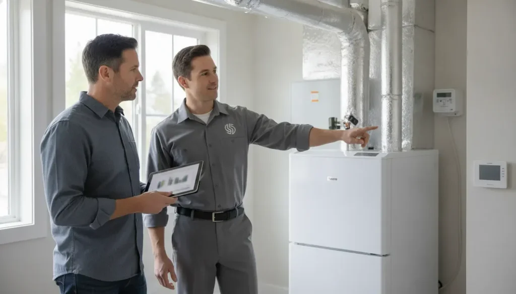 Homeowner and HVAC technician reviewing energy use beside a residential HVAC system