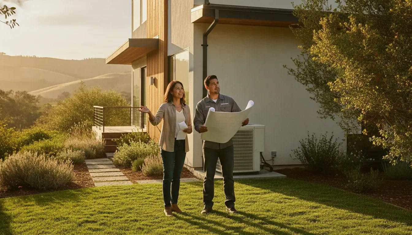 California homeowner discussing an HVAC replacement project with a technician