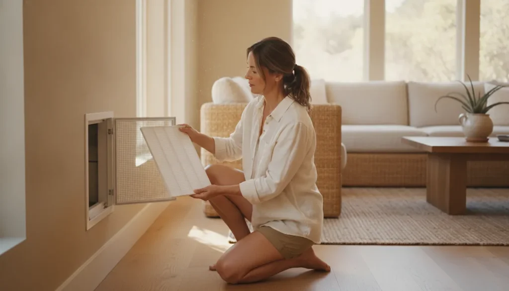 Homeowner checking an HVAC return vent and filter in a bright California home