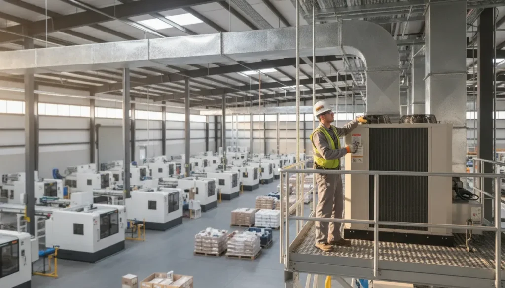 Industrial HVAC technician inspecting equipment inside a Central Valley California manufacturing facility