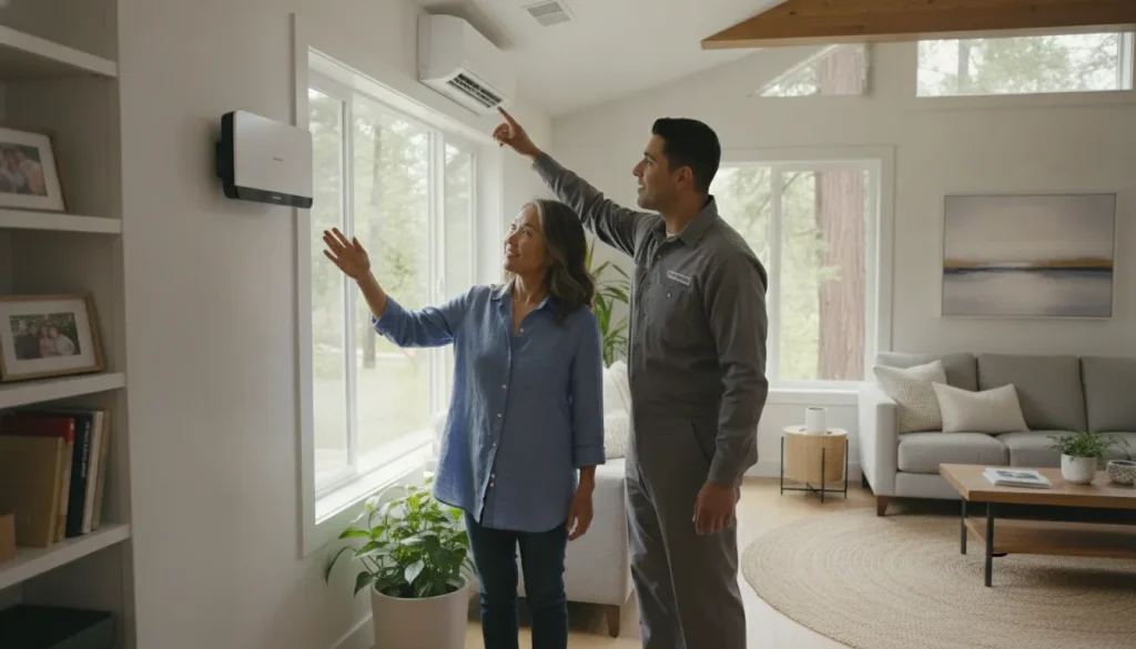 Homeowner comparing ductless and central air systems with an HVAC technician