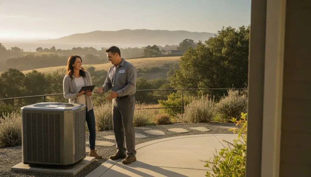 HVAC technician discussing an energy efficient heat pump with a California homeowner