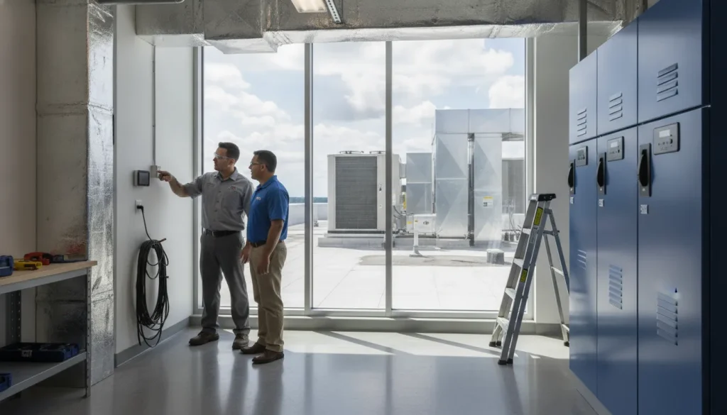 Technician and facility manager reviewing commercial HVAC controls