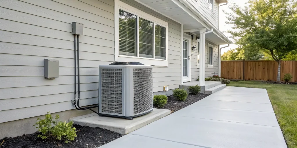 A new air conditioner unit installed outside a home to replace an old one.