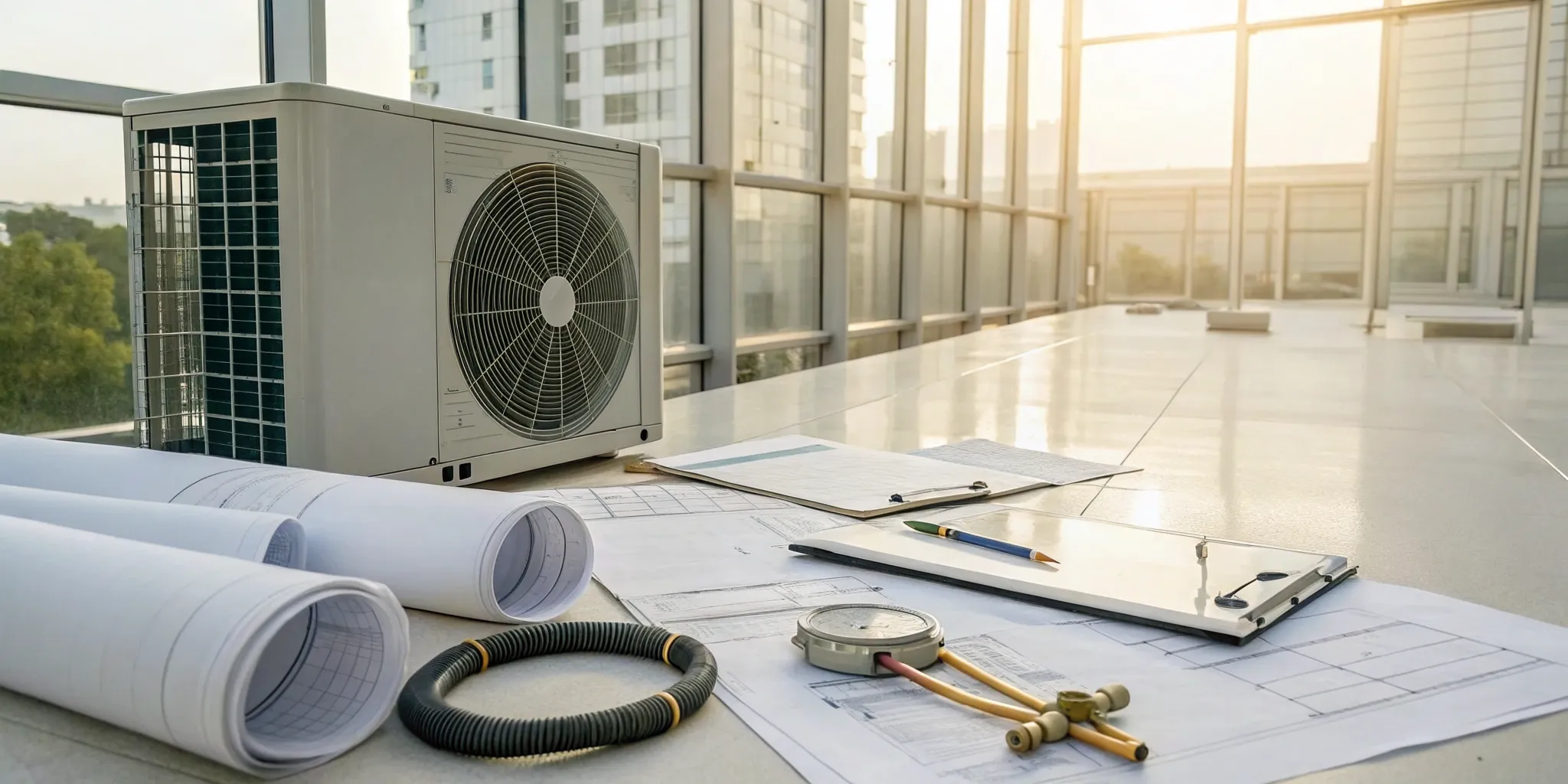 HVAC unit with blueprints and tools for calculating the cost of system installation.