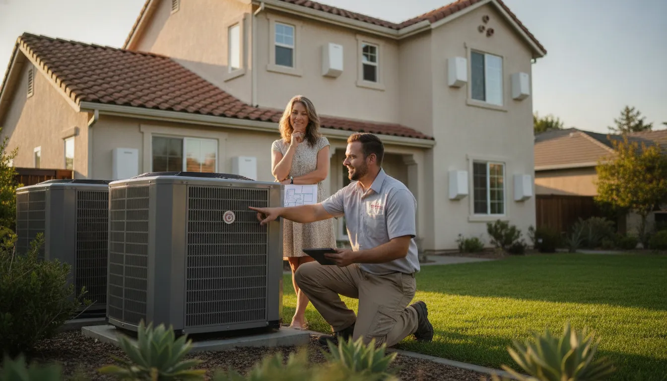 HVAC technician comparing air conditioner options with a Northern California homeowner