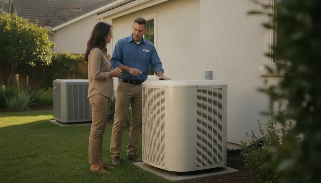 HVAC technician explaining variable speed and single stage equipment to a California homeowner