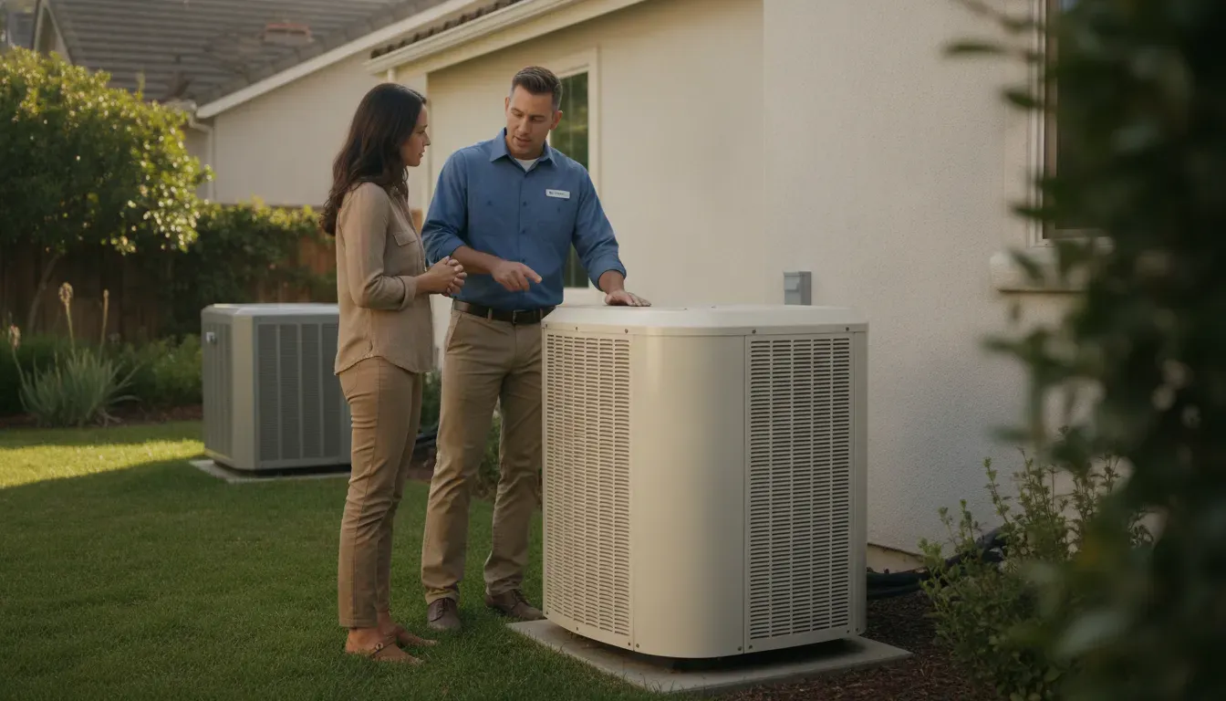 HVAC technician explaining variable speed and single stage equipment to a California homeowner