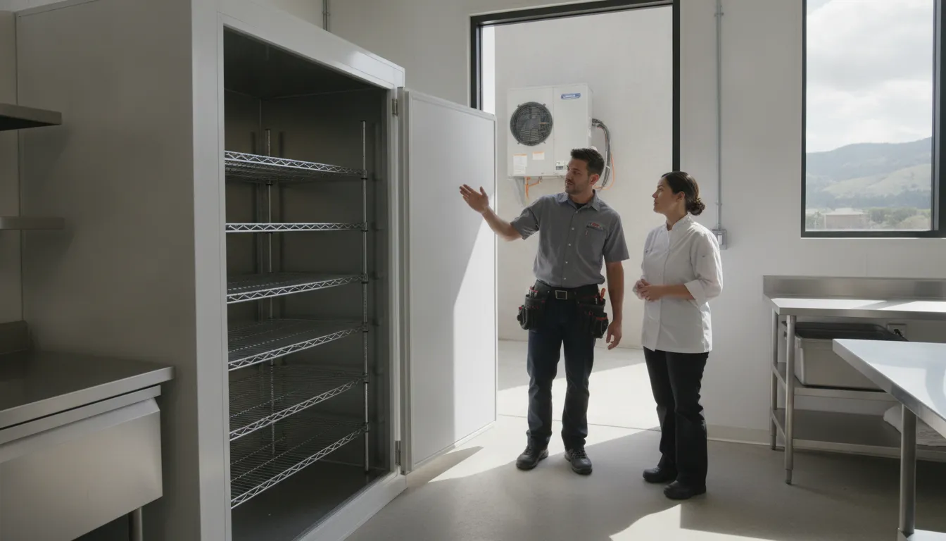 Technician and business owner planning a commercial walk-in cooler installation
