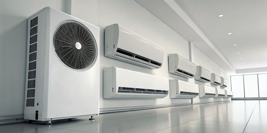 Several different models of wall AC units mounted on a display wall.