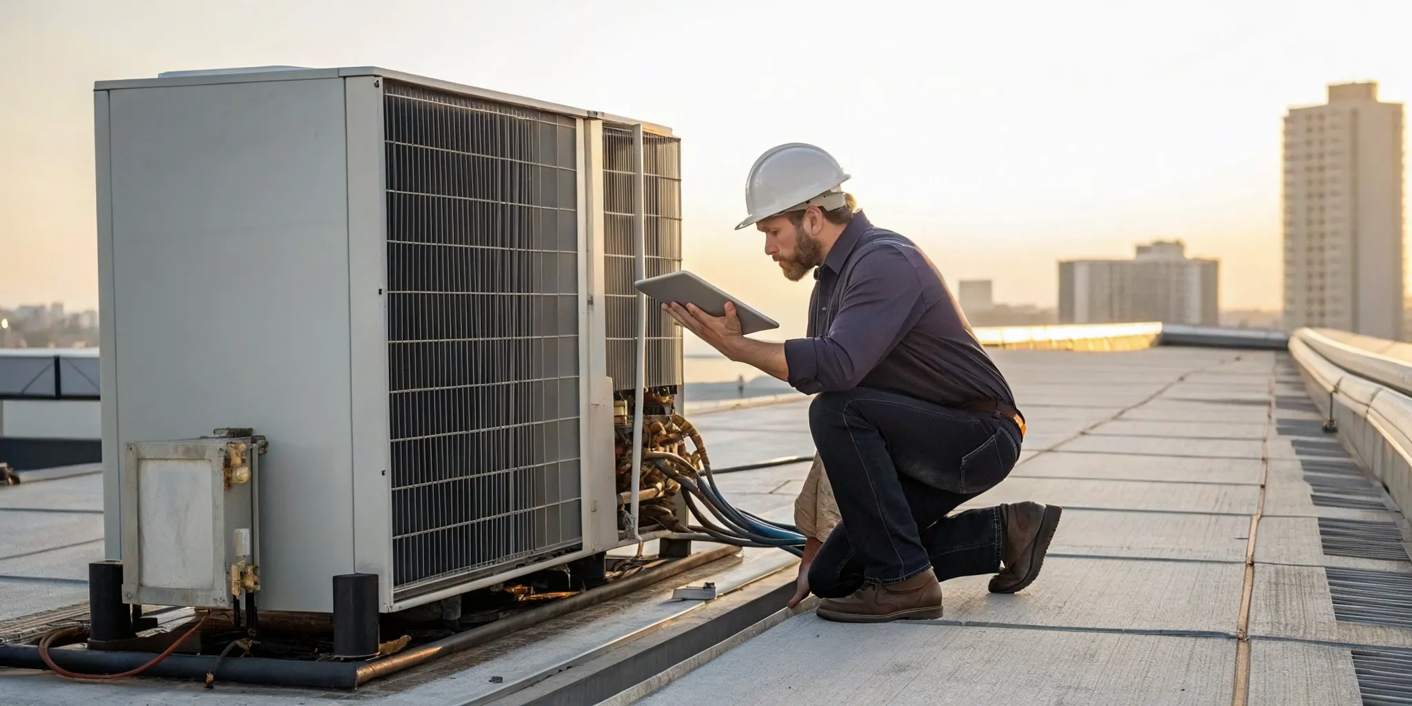 HVAC contractor performing maintenance on a rooftop unit with a tablet.