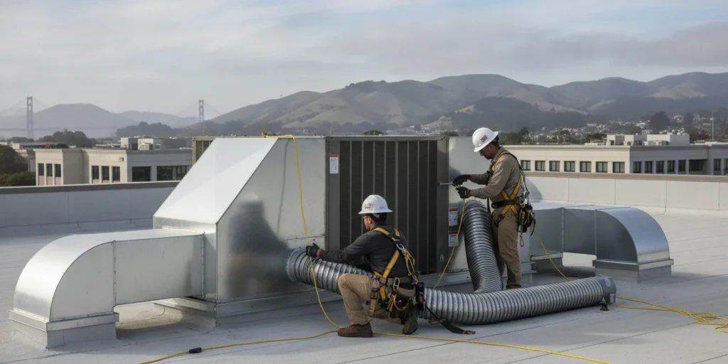 Commercial rooftop HVAC equipment being installed on a Bay Area business building
