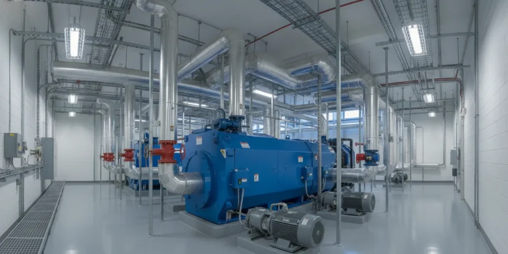 Commercial facility mechanical room with chilled water HVAC piping and equipment