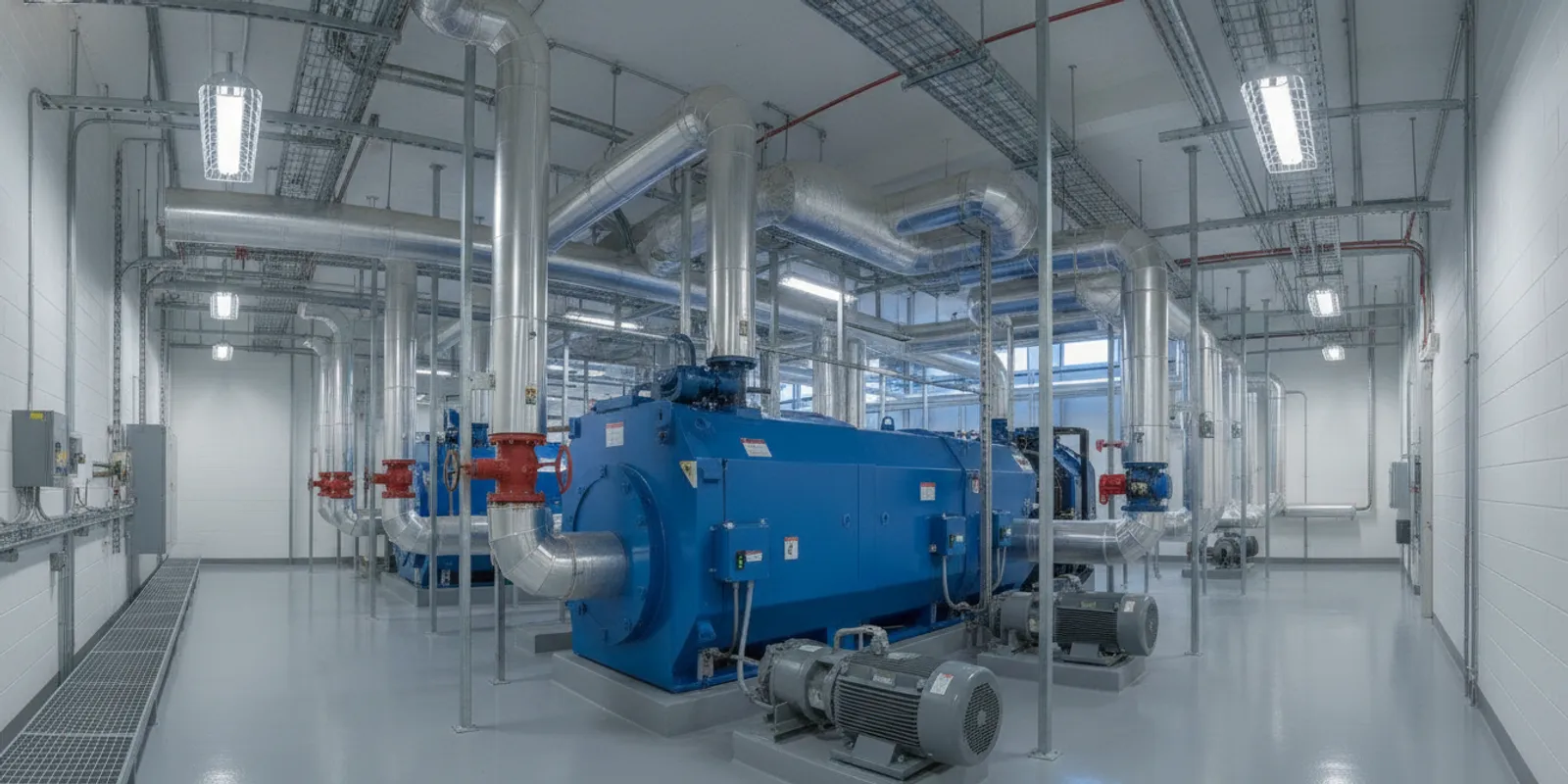 Commercial facility mechanical room with chilled water HVAC piping and equipment