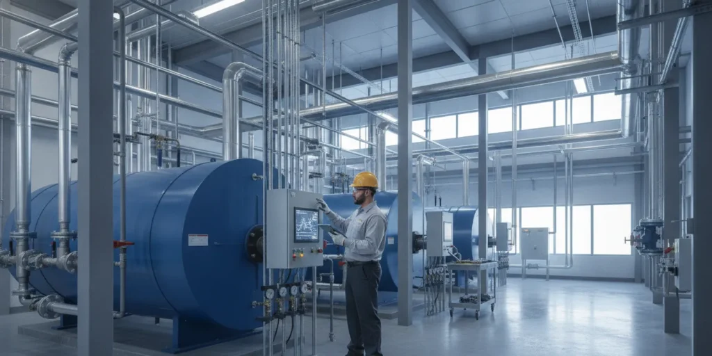 Commercial boiler room with a technician reviewing equipment and controls