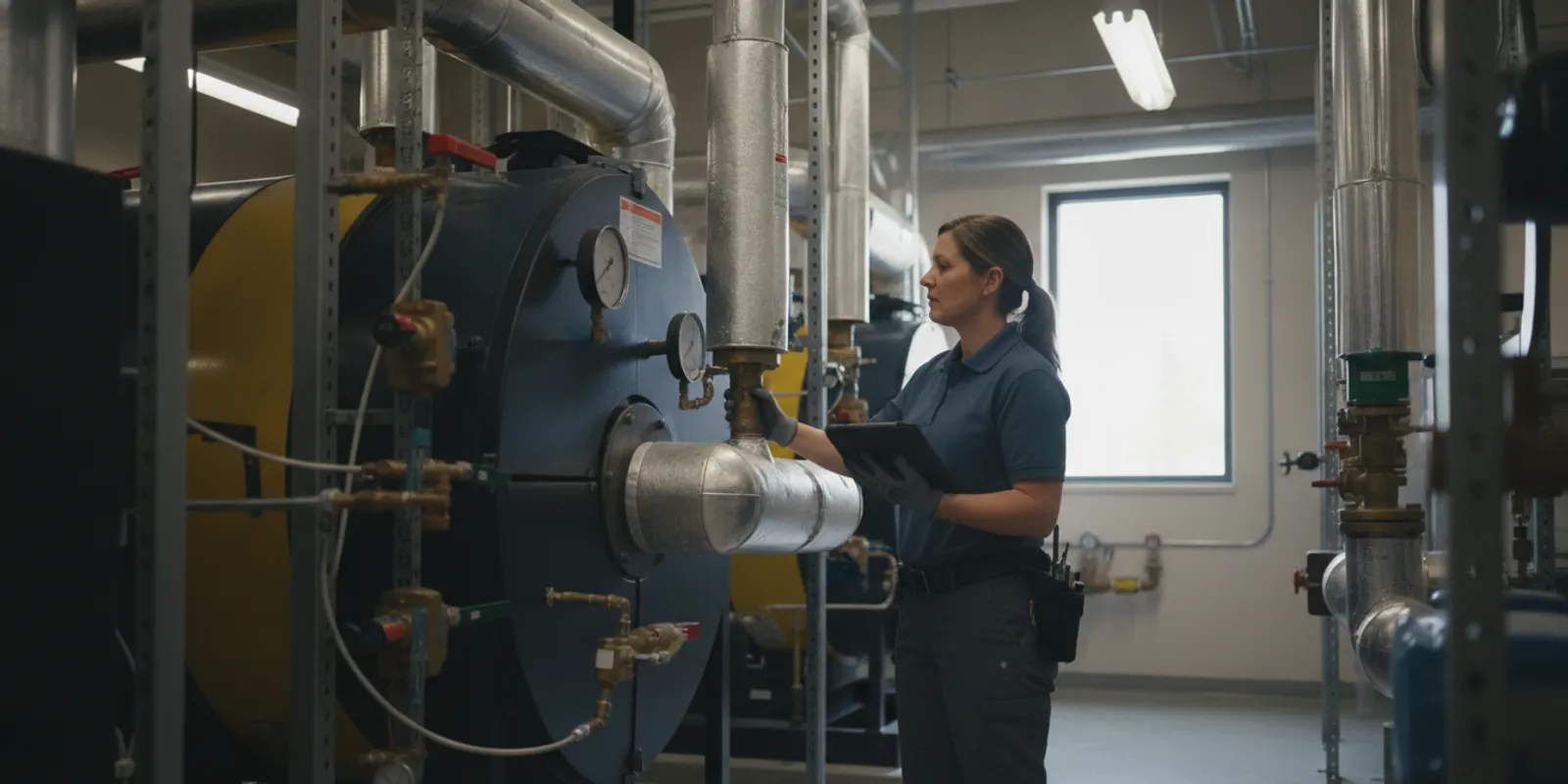 Commercial building mechanical room with a technician inspecting a large boiler system