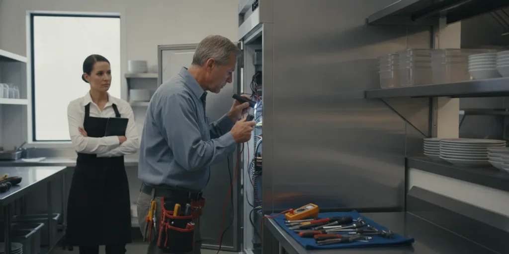 Commercial refrigeration technician inspecting a reach-in cooler in a Bay Area food business