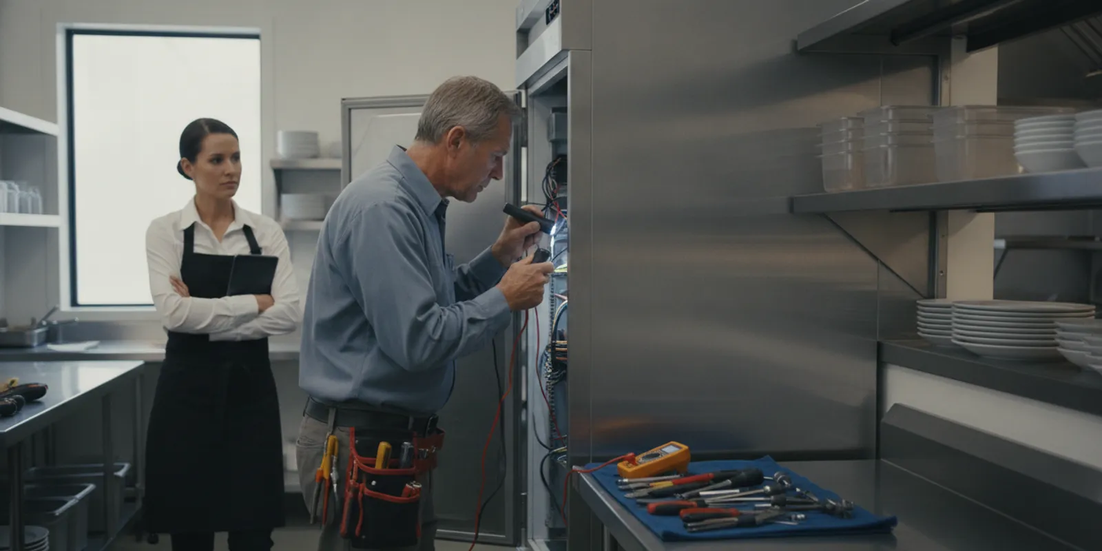 Commercial refrigeration technician inspecting a reach-in cooler in a Bay Area food business