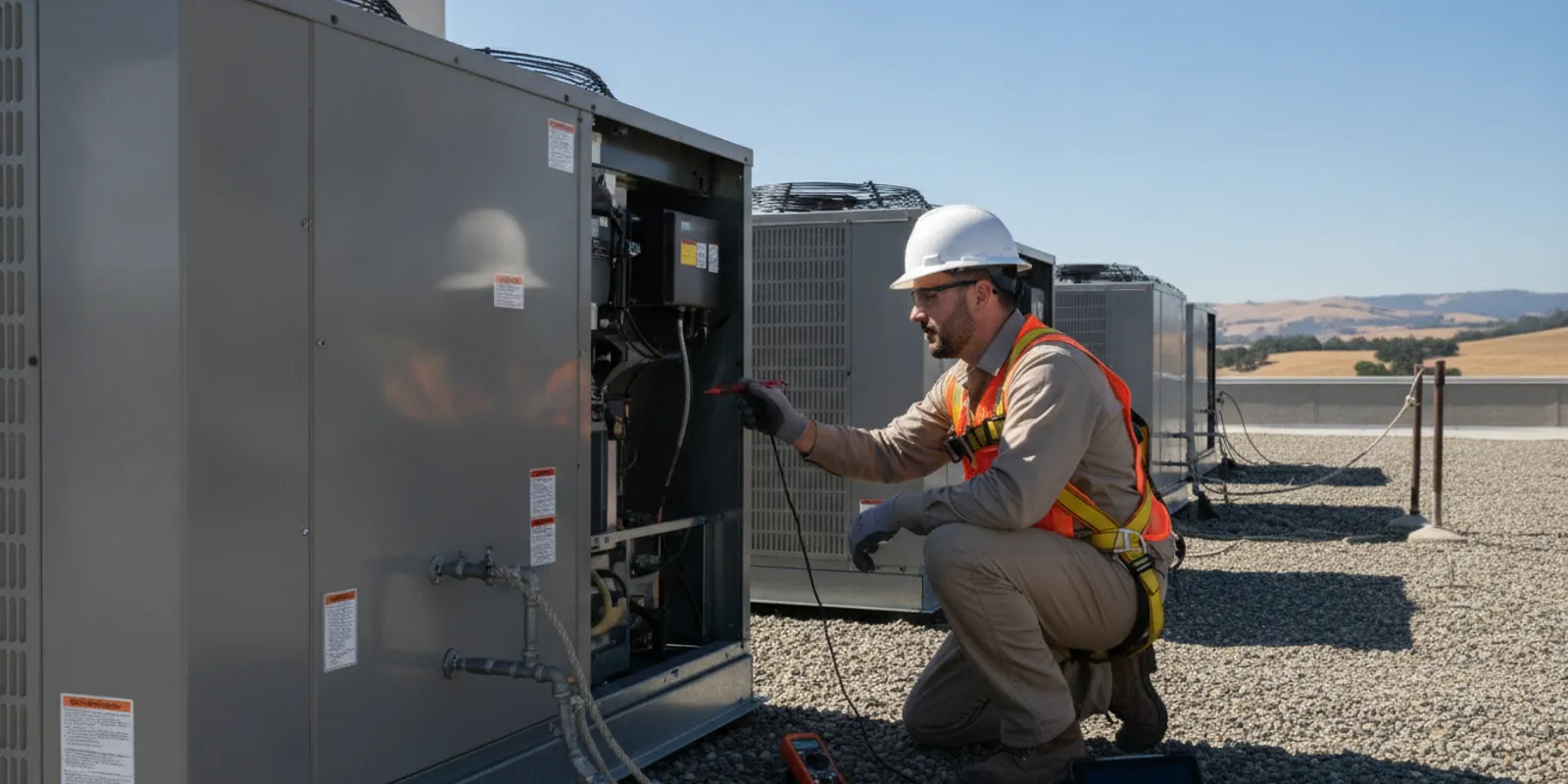 Commercial rooftop HVAC units being inspected on a low-rise business building in Northern California