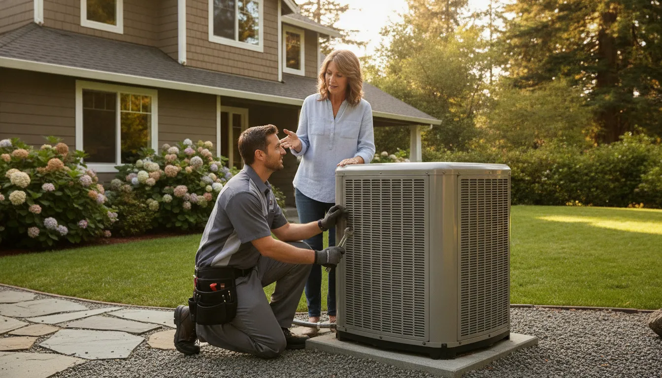HVAC technician inspecting a residential heat pump with a homeowner