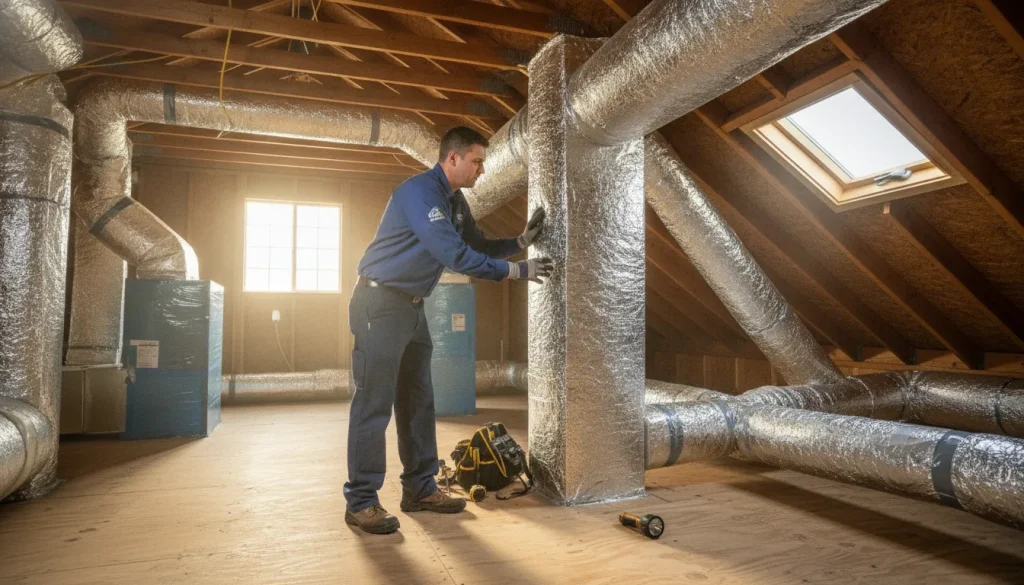 HVAC technician inspecting residential attic ductwork