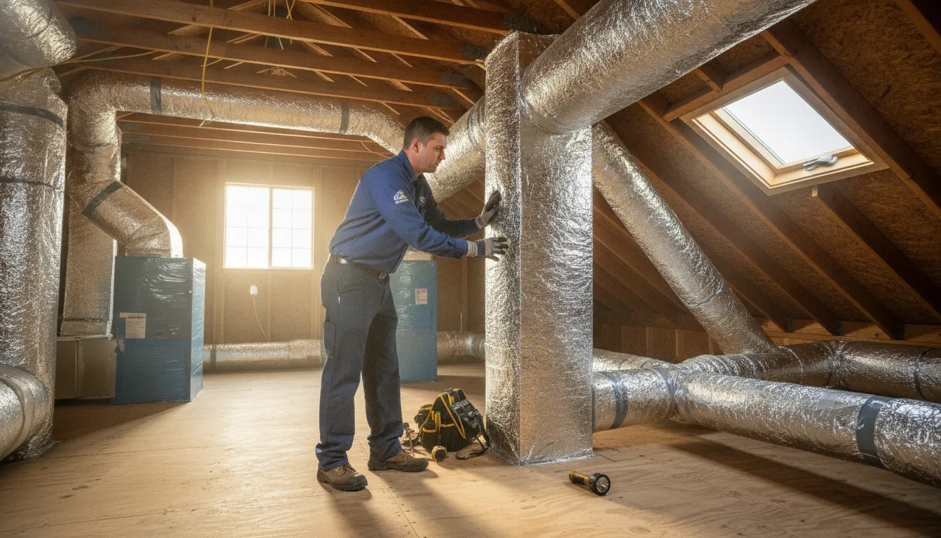 HVAC technician inspecting residential attic ductwork