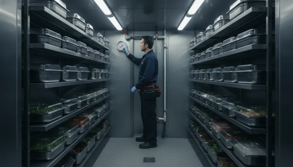 Technician checking the temperature gauge inside a commercial walk-in cooler