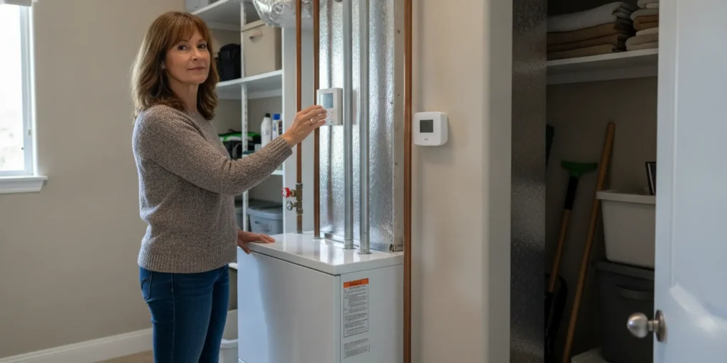 Homeowner checking a thermostat while a gas furnace sits in a utility closet