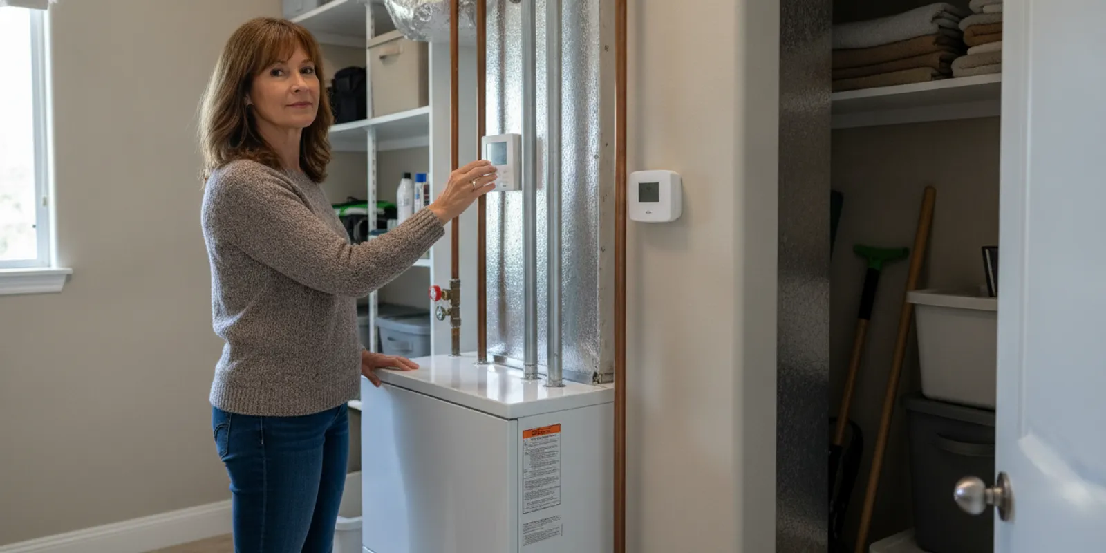 Homeowner checking a thermostat while a gas furnace sits in a utility closet