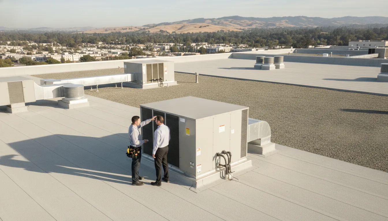 Commercial HVAC technician inspecting a rooftop unit with a facility manager